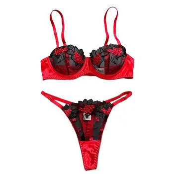2 шт./компл. комплект женского нижнего белья с цветочной вышивкой, прозрачный кружевной регулируемый ремень, контрастный цвет, застежка сзади, комплект бюстгальтера и трусиков без подкладки S розы красного