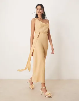 Платье-комбинация мидакси ASOS DESIGN с асимметричным воротником-хомутиком и завязкой песочного цвета