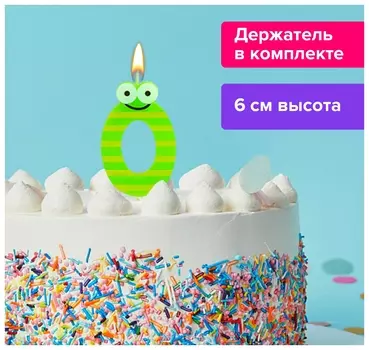 Свеча-цифра для торта "0""С глазками", 6 см, золотая сказка, с держателем, в блистере, 591403