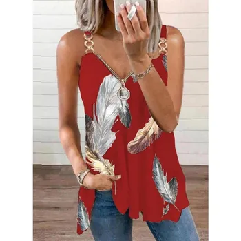 2023 Модная блузка без рукавов с принтом листьев для женщин, свободные рубашки с V-образным вырезом и молнией, элегантные повседневные стильные топы, летние блузы 26506 S синий