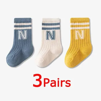 3 Pairs Baby Letter Socks Knit Soft Cotton Sock Kids Long Knee High Socks Infant Toddler Baby Boys Girls Cute Stripe Socks 0-1Years(S)