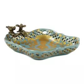 Блюдо Glasar фарфоровое с бронзовыми птичками 21,5x19x6см бирюзовое
