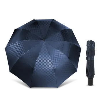 10K ветрозащитный деловой двухслойный зонт 3Folding Umbrella Rain Women Mens Big Zones Male Dark Grid Parasol Family Travel Paraguas чёрный