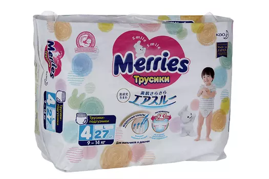 Трусики-подгузники MERRIES д/детей р L (9-14 кг), 27 шт