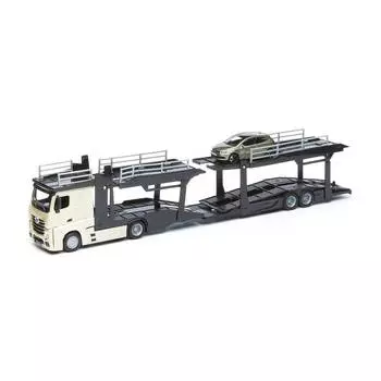 Bburago Коллекционная машина-автовоз с машинкой "Mercedes-Benz Actros multicarrier 18-31456/3", Кабина бежево-золотая