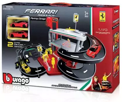BBURAGO "Паркинг 3-х уровневый BB 18-31204 1:43 FERRARI RACE &amp; PLAY PARKING GARAGE с 2-мя коллекционными машинками, Красный"