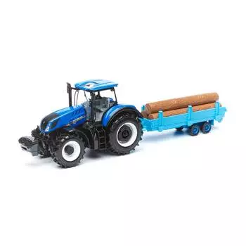 Bburago Трактор Holland T7.315 with Log Trailer с бревнами, 1:32