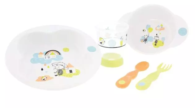 Bebe Confort Набор посуды "Under the Rainbow" (тарелка, миска, стаканчик, ложка и вилка) цвет белый