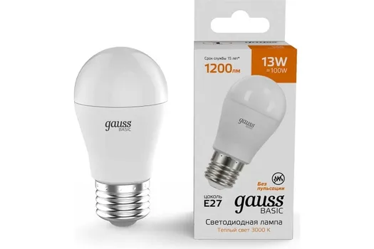 Лампа светодиодная Gauss 10502132 Basic 13Вт цок.:E27 шар св.свеч.теп.св./дневн.