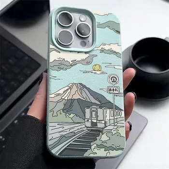 Матовый тонкий чехол для телефона с горным узором для iPhone 16 Pro Max 15 Pro 14 13 12 11, кожаная текстура, противоударный мягкий бампер из ТПУ iPhone 16 чёрный