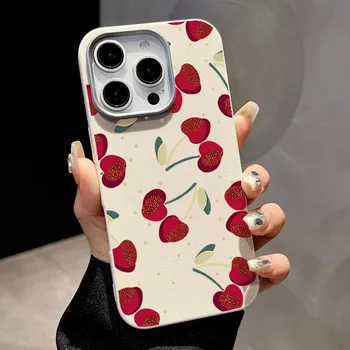 Чехол Cherry Print Slim Matte для Magsafe для iPhone 16 Pro Max 15 14 Pro 13 12 11 TPU Leather Texture противоударный мягкий магнитный чехол для телефона iPhone 16 чёрный