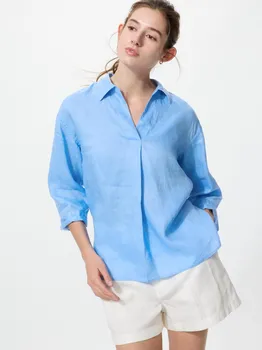 Рубашка Uniqlo Premium Linen Skipper Collar, часть 7 02 LIGHT GRAY/WOMEN XS