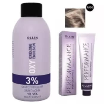 Ollin Professional Performance - Набор (Перманентная крем-краска для волос, оттенок 7/00 русый глубокий, 60 мл + Окисляющая эмульсия Oxy 3%, 90 мл)