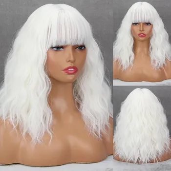 MISS WIG Натуральный коричневый цвет Женский короткий волнистый парик с челкой Синтетическое волокно Косплей Повседневная одежда Вечеринка Длиной до плеч Волнистый парик