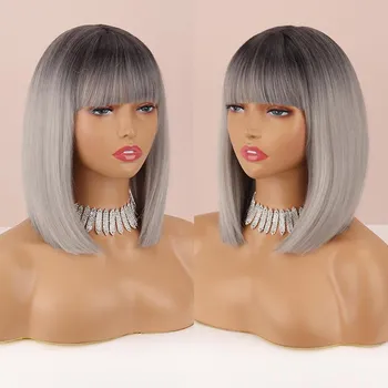 LISI HAIR Ombre Темно-коричневый цвет Короткий прямой парик «боб» с челкой Длина до плеч Натуральный прямой парик «боб» Синтетический парик для повседневного ношения