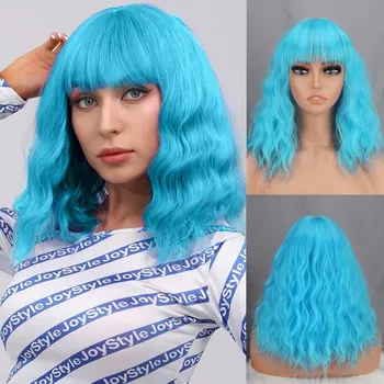 MISS WIG Темно-фиолетовый цвет Женская мода Короткий волнистый парик с челкой Синтетическое волокно Длина до плеч Натуральные волнистые Короткие волосы для косплея