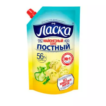 Майонезный соус ласка 400 мл 56% постный дой-пак
