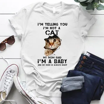 Summer Fun Cat Pattern Printed Round Neck Loose Cotton Short Sleeve Top T-Shirts Women’s S чёрный