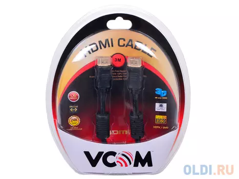 Кабель VCOM HDMI 19M/M ver:1.4-3D, 3m, позолоченные контакты, 2 фильтра