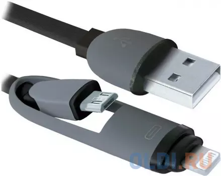Кабель microUSB Lightning 1м Defender USB10-03BP плоский черный