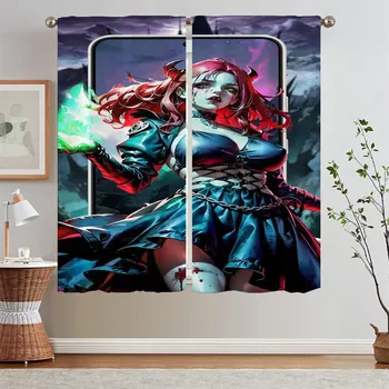 Witch Girl Curtains Child Room Kitchen Curtains for Living Room 2 Elegant Pieces Curtain Curls Window Blinds Bedroom Decoration W50xH70cmx2pcs-CL