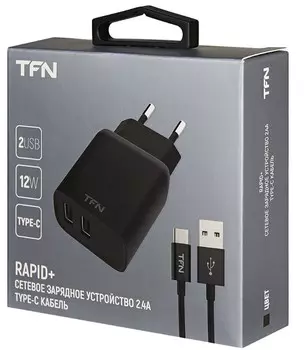 Зарядное устройство сетевое TFN TFN-WCRPD12W2U03 2*USB Type-А, RAPID, 2.4A+кабель USB Type-C, black
