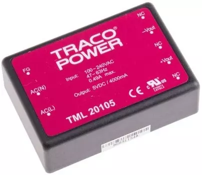 Преобразователь AC-DC сетевой TRACO POWER TML 20105 вых: 20 Вт; Выход: 5 В; U1: 5 В; I1: до 4 А; Стабилизация: напряжение; Вход: 110/220В авто