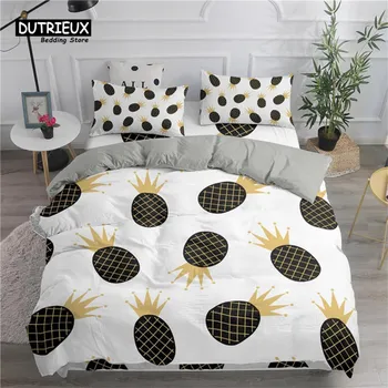 Funny Tropical Fruit Bedding Set Microfiber Pineapple Pear Geometric Pattern Duvet Cover With Pillowcases For Kids Bedroom Decor EU single(135x200cm)