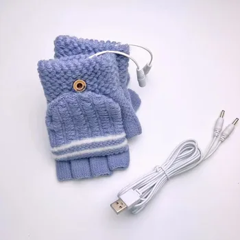 Перчатки с подогревом через USB, откидывающиеся на половину пальца, защита от холода и тепло во время езды и вождения, вязаные шерстяные, милые, для учеников средней школы average size