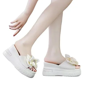 Elegant Woman Heeled Shoes Open Toe Casual Slippers Women Round Toe Butterfly-knot Outdoor Women s Brand Platform Wedge Sandals 35 чёрный