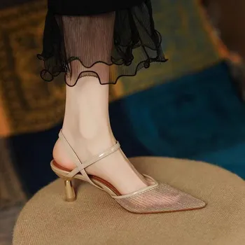 Mesh sandals women s bag head back empty niche shoes summer new thin heel one-word buckle pointed high heels 35