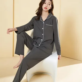 Женский хлопковый пижамный комплект, весна и осень, свободная повседневная домашняя одежда, однотонные брюки с длинными рукавами, домашняя одежда из двух предметов M синий