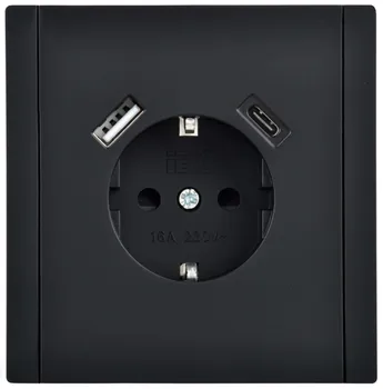 Розетка с заземлением с 2 USB IEK FP-R14-16-U22-018-K02 FORTE&PIANO с защитными шторками в/к 16А тип A+тип C 18Вт FP147 черный
