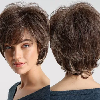 HAIRCUBE Короткие прямые парики Ombre Коричневые парики из синтетических волос с челкой для чернокожих женщин Ежедневный косплей Термостойкие парики из натуральных волос
