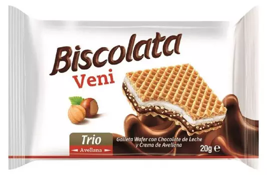 Вафли Biscolata VENI с шоколадно-ореховой и молочной начинкой с дробленым фундуком