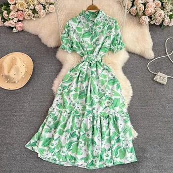 Винтажные халаты, пышное платье с короткими рукавами и отворотом, Vestido с завернутой талией, тонкое платье трапециевидной формы средней длины с принтом One Size красный