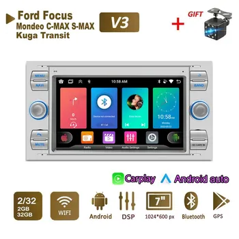 Автомобильный радиоприемник мультимедийный проигрыватель для Ford Focus 2007 Mondeo S-max C MAX Kuga Galaxy Fiesta Transit Fusion 2 Din Android Carplay GPS Autoradio 2+32 ГБ