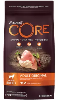 Wellness Core Original Dog Adult беззерновой для взрослых собак всех пород с индейкой и курицей (1,8 кг)