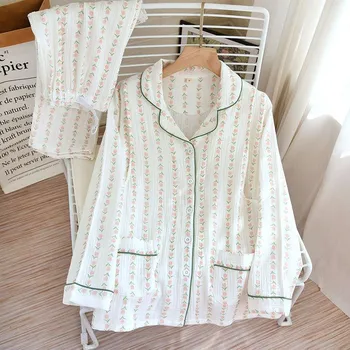Повседневная пижама с лацканами, домашняя одежда, пижамы с ретро-принтами, свободные хлопковые пижамы, домашняя одежда на весну и осень M