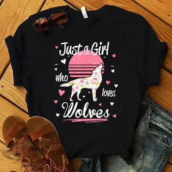Женская футболка с принтом «Just A Girl Love Wolves», свободная женская футболка с коротким рукавом и круглым вырезом, женская футболка, топы, Camisetas Mujer S