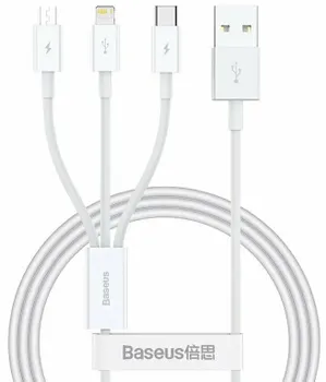 Кабель интерфейсный Baseus P10320105221-01 Superior Series Fast Charging Data USB to M+L+C 3.5A 0.5m Stellar White