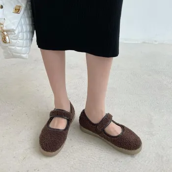 Fashion Hook & Loop lambswool mary janes woman fur flats winter cotton shoes women thicken soled fleeces loafers warm plush moccasins 5 абрикосовый