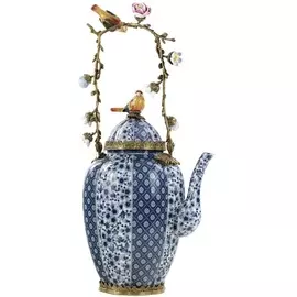 Чайник фарфоровый Glasar декоративный с птичками, цветочками и бронзовой ручкой 25х17х45см