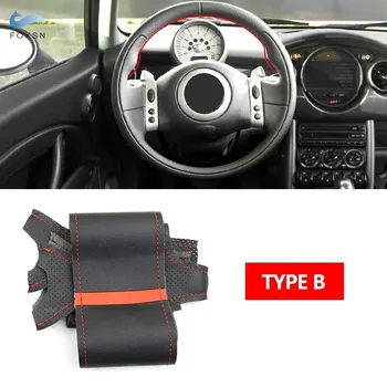 Для Mini Coupe 2001-2006 Convertible 2004-2008 Для Mini R50 R53 R60 Автомобильный чехол на руль с отделкой из черной кожи с красной полосой TYPE A