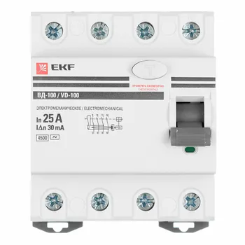УЗО EKF PROxima ВД-100 25А 3P+N тип AC 30 мА 4,5 кА (elcb-4-25-30-em-pro)