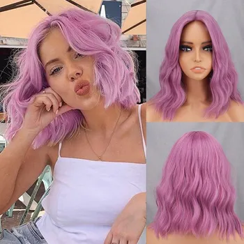 LISI HAIR Длина до плеч, парик для косплея, синтетическое волокно, волнистые парики боб с челкой, натуральные волосы, фиолетовые парики для женщин