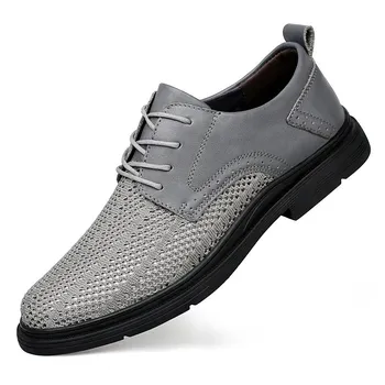 Fashion Summer Grey Mesh Casual Shoes Outdoor Lace Up Loafers Soft Sole Thin Style Shoes Breathable Comfortable Walking Driving Shoes 36 чёрный