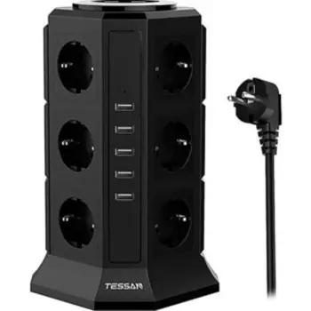 Сетевой фильтр TESSAN TP-VA5U12E с кнопкой питания на 12 розеток и 5 USB, Black