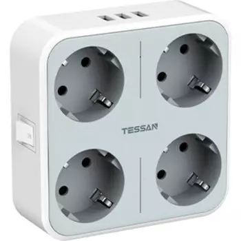 Сетевой фильтр TESSAN TS-302-DE с кнопкой питания на 4 розетки и 3 USB, Grey