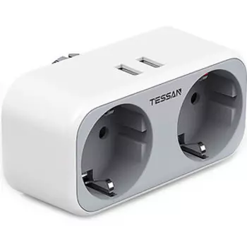 Сетевой фильтр TESSAN TS-321-DE с кнопкой питания на 2 розетки и 2 USB, Grey